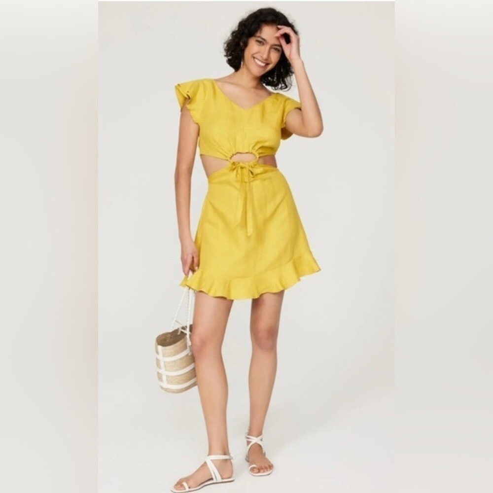 Marissa Webb Collective Yellow Cutout Mini Dress‎ Linen Blend Size 12